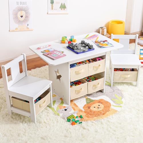 Yorbay Kindertisch mit 2 Stühle, Kinderaktivitätstisch mit Stauraum, 3tlg Kindersitzgruppe, Sitzgruppe für Kinder, Maltisch für Kinderzimmer, Spielzimmer, Vorschüler, Kindermöbel (Weiß)
