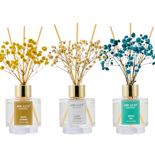 Airkeep Raumduft 50ml x3, Reed Diffuser mit Clean Cotton, White Jasmine, White Tea, Raum Duft mit 24 Duftstäbchen, Lufterfrischer für Badezimmer, Wohnung, Heimdekoration