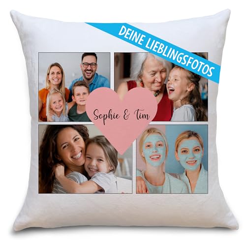 OWLBOOK® Personalisiertes Kissen mit Foto - Fotokissen mit 4 Fotos & Text selbst gestalten - Partner Geschenke zu Weihnachten Valentinstag - Foto Kissen Polster 40 x 40 cm zzgl. Füllung - Herz