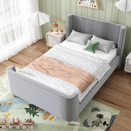 Merax Kinderbett Polsterbett 90x200cm, Einzelbett Bettgestell mit Lattenrost, Hohes Kopf- und Fußteil, süßes Jugendbett mit Kreatives Cartoon-Muster, für Jungen & Mädchen, Samt, ohne Matratze, Grau