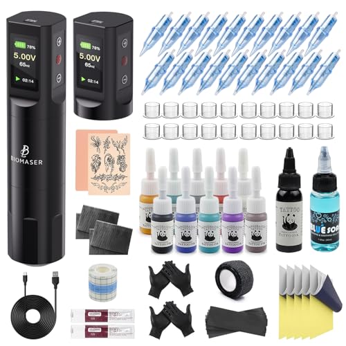 Biomaser Rotary Pen Maschine Kabellose maschine Complete Machine set 2 pcs 1600mAh battery mit 20 Stück Nadel 11 Flaschen Tinte für Professional Anfänger und Künstler