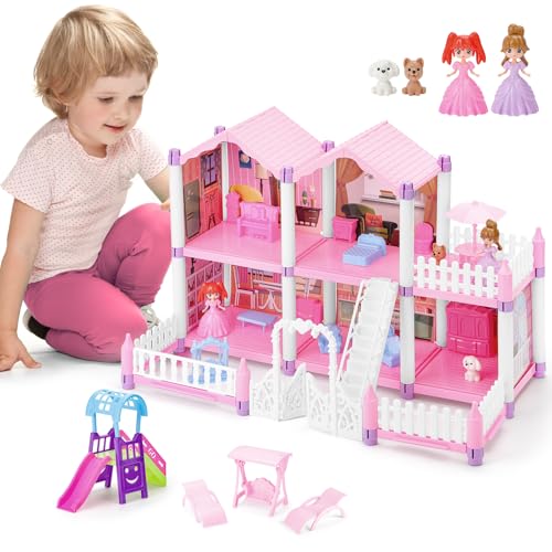 deAO Puppenhaus für Mädchen ab 3 Jahre, Villa Spielhaus mit Möbeln und 2 Figuren, mehrere Räume für kreatives Rollenspiel, Geschenkidee aus robustem Kunststoff