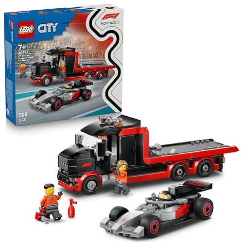LEGO City F1 Truck mit Audi F1 Rennwagen - Spielzeug Modellbau mit 3 Minifiguren und Fahrzeug Hebefunktion - Geschenkidee für Jungen ab 7 Jahren und Motorsportfans - 60493