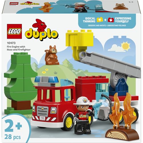 LEGO DUPLO Löschauto mit Schlauch und Feuerwehrmann 10473 | Spielzeug ab 2 Jahren für Jungen & Mädchen, Rotes Feuerwehrauto mit Leiter, Figur und Eichhörnchen, Kinder Geschenk, 28 Teile