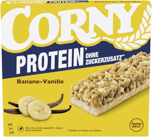 Müsliriegel Corny Classic Protein Banana-Vanilla | 24% Protein| Proteinriegel mit Banane und Vanille | Ohne Zuckerzusatz | Genuss für Sport, Büro und unterwegs | 4 x 25 g