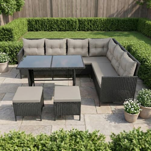 Home Collective Gartenmöbel Set 7-Sitzer mit Ecksofa Lounge Möbel Outdoor Gartenlounge Outdoor Sofa | mit gehärteter Glasplatte & gemütliche Polster für Garten | Polyrattan Schwarz & graue Kissen