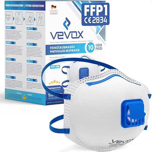 VEVOX® FFP1 Maske mit Ventil – 5er, 10er oder 20er Set – Staubmaske – Atemschutzmaske – Staubschutzmaske – Feinstaubmaske – Atemschutz z.B. gegen Feinstaub, Schleifstaub oder Baustaub