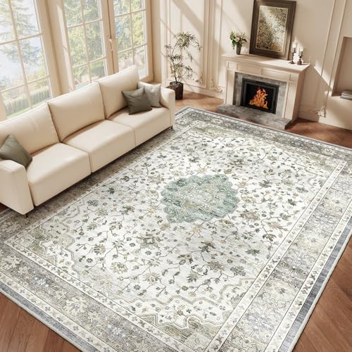 HOMFINE Vintage Teppich Wohnzimmer 120x170 cm Hell Grün Waschbarer Kurzflor Boho Teppiche Weich rutschfest Groß Retro Rugs for Living Room Carpet for Schlafzimmer Esszimmer Küche