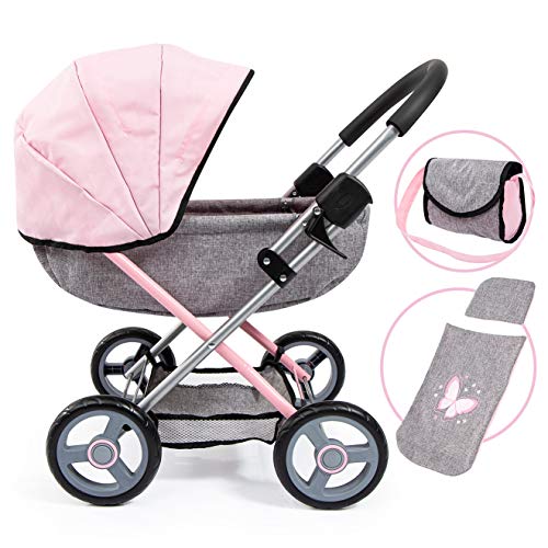 Bayer Design 12733AA Puppenwagen Cosy, zusammenklappbar, inklusive Tasche und Bettdecke, modern, Jeans-grau, rosa mit Schmetterling, 46cm
