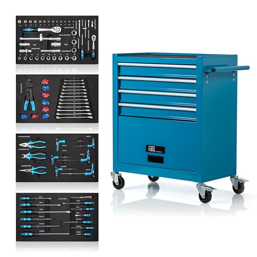 NTG Werkstattwagen inkl. Werkzeug 70 Teile - 4 Schubladen + großes Fach - Kugelgelagerte Schubladen - Transportsicherung - 2 Rollen m. Feststellbremse - Werkzeugwagen - PERFEKTE WERKSTATTORGANISATION