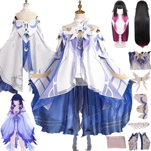 bbganlian Spiel Charakter Columbina Cosplay Kostüm Outfit Sandrone Rollenspiel Uniform Komplettes Set Halloween Party Karneval Dress Up Anzug mit Perücke Kopfschmuck für Frauen (S)