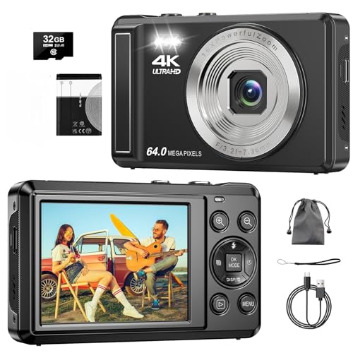 Digitalkamera 4K 64MP, 2.8 Zoll UHD Autofokus Kamera fotokamera, 32GB Karte & Akku,16X Digitalzoom Wiederaufladbare Tragbare Kompaktkameras mit für Kinder Anfänger Jugendliche