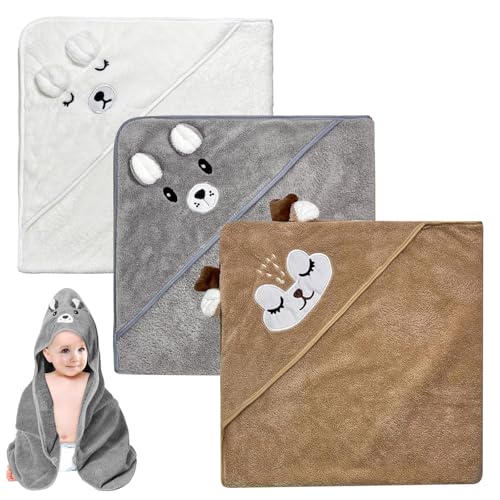 3 Stücke Kapuzenhandtuch Baby - 80 x 80cm Baby Handtuch Kapuze Niedliches Handtücher mit Kapuze Kapuzenhandtuch Babys Weich & Super Saugfähig für Babys Neugeborene Kinds Handtücher (Weiß, Braun, Grau)