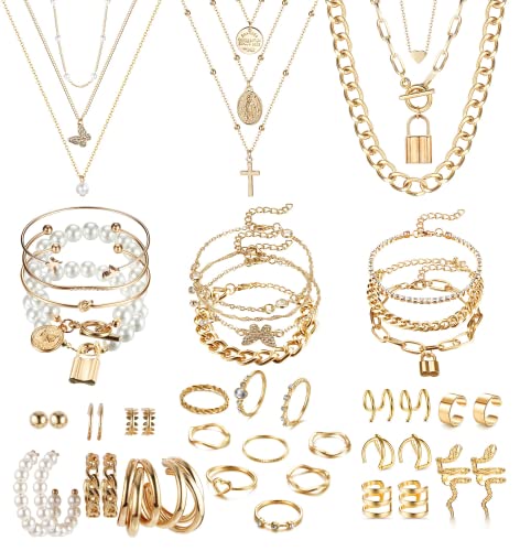 JeryWe 46 Stück Schmucksets für Damen mit 3 PCS Halskette 12 Stück Armbänder 9 Stk. Achsschenkel Ringe 10PCS Ear Cuff Ohrklemme Ohrringe und 12 Stk Vergoldete Ohrringe Schmuck-accessoires