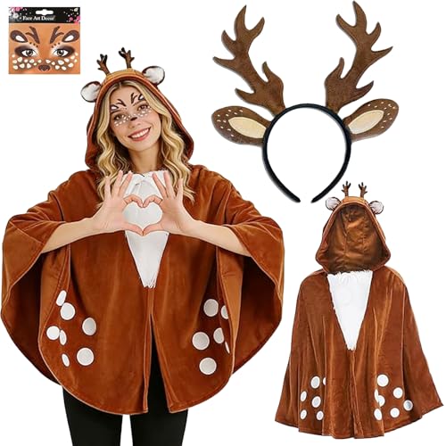 Efymosce Reh Karneval Kostüm Damen, Rentier Kostüm Mädchen, Rentierköpfe, Aufkleber, Party, Halloween, Weihnachten, Kleidungsaccessoires, Karneval Cosplay