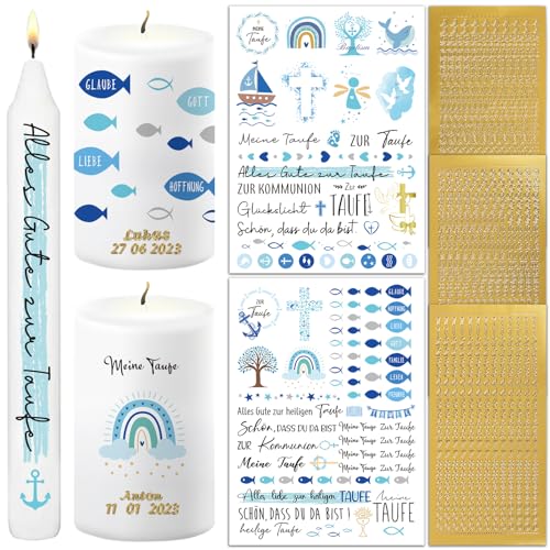 BOFUNX 2pcs Kerzentattoos Kommunion Taufe Kerzen Tattoofolie + 3pcs Groß- und Kleinbuchstaben Kerzen Sticker Gold Zahlen Aufkleber für Taufkerze Kommunionkerze Basteln