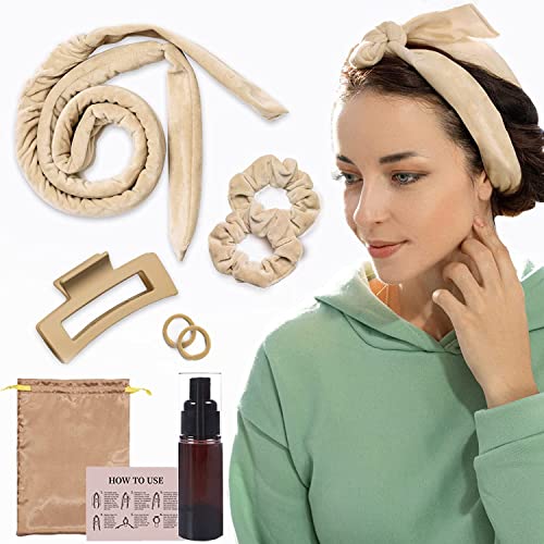Lockenwickler Ohne Hitze, Neu Rutschfest Heatless Curls, über Nacht mit Stirnband Große Locken DIY Band Frisurenset,für langes mittleres Haar (Khaki, 1 set)