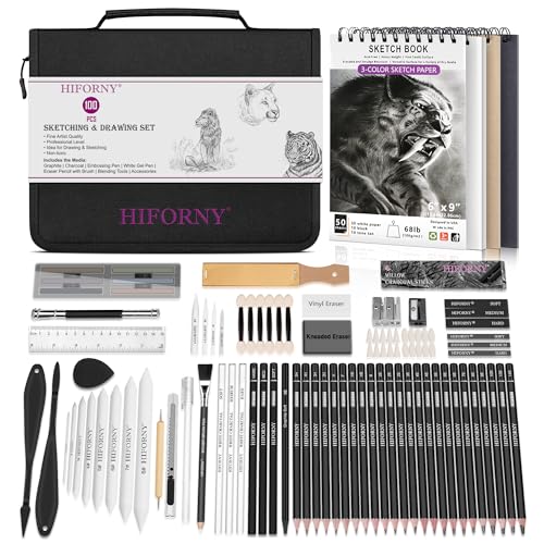 HIFORNY 100-teiliges Zeichenset Skizzen-Kit, Skizzierstifte Kunstbedarf mit Graphit, Kohle, Mischwerkzeuge & Zubehör, tragbare Reisetasche mit Reißverschluss für Künstler & Anfänger
