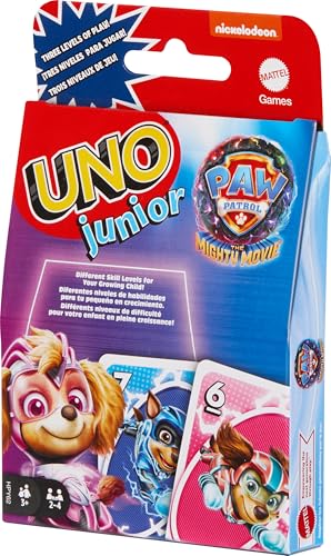 Mattel Games UNO Junior Paw Patrol: The Mighty Movie“ Kartenspiel für Kinder für Familienabende, mit 3 Schwierigkeitsstufen für 2 bis 4 Spieler, HPY62