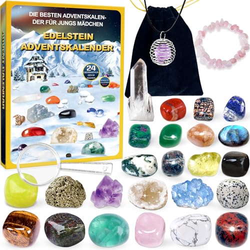Adventskalender Kristalle, Adventskalender 2025 kinder mit 24 Tage Weihnachtskalender Countdown, Natürlichen Mineralien und Edelsteine, Weihnacht Geschenk für Mädchen Jungen-Deutsche Ausgabe