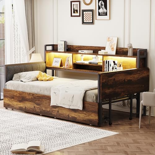 Luxeza Eisen Sofabett 90 x 200 cm, mit LED-Beleuchtung und Stauraum, mit Schubladen und multifunktionaler Steckdose, ausklappbarem Schreibtisch, weicher Rückenlehne, Einzelbett (Holzfarbe)