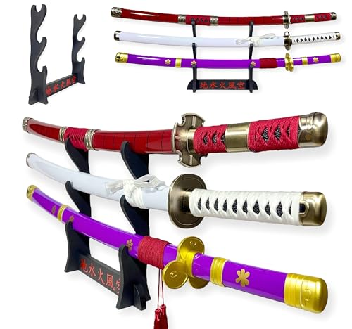 FÉENOMENN Katana One Piece Pack Zoro 3 Schwerter (ENMA, WADO ICHIMONJI, SANDAI KITETSU) – Holzklinge – japanische Halterung inklusive