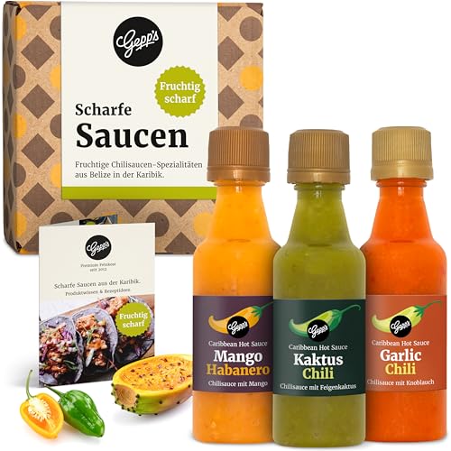 Gepp‘s Feinkost fruchtige Saucen Set I Hot Sauce Set mit 2 Habanero Chili Saucen und mexikanischer Kaktus-Chilisauce I Scharfe Soßen Set hergestellt nach eigener Rezeptur I Chili – Weihnachts-Geschenk
