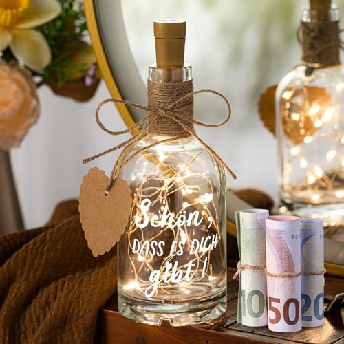 BBTO LED Flaschenlicht mit Spruch Geldgeschenke Flaschenpost Geburtstag Schön Dass Es Dich Gibt Geschenke Jugendweihe Konfirmation Geschenk Freundin Lieblingsmensch Flasche mit Lichterkette