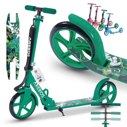 Arebos Cityroller Tretroller Grün Scooter höhenverstellbar | klappbar | inkl. Traggurt | XXL Räder | Tritt-Bremse | für Kinder und Erwachsene | bis 100kg belastbar | Kickroller | Kickscooter