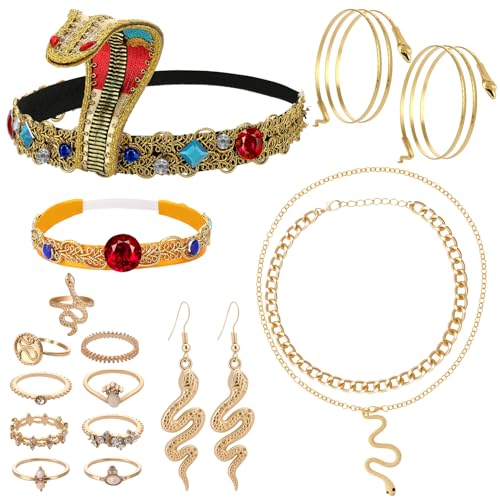 Camptrip 15 Stück Altägyptisches Kostüm Zubehör, Ägyptischer Schmuck mit Schlangen Stirnband, 2 Lagige Halskette, Oberarmreif, Ohrringe, Ring und Armband Cleopatra Kostümfür Karneval, Maskerade