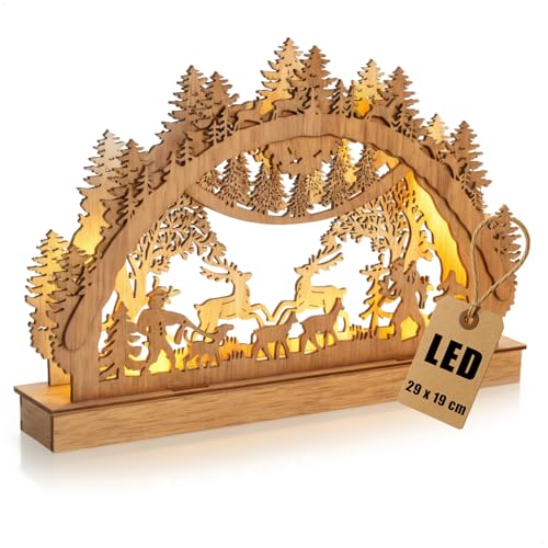 com-four® LED Schwibbogen aus Holz - 29 x 19 cm - dekorativer Lichterbogen mit Wald-Motiv - Weihnachtsdeko für Fensterbank & Tisch (1 Stück - Jagdrevier 01)