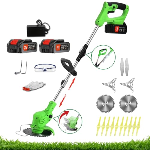 Akku Rasentrimmer & Freischneider, 21V Rasenkantenschneider mit 2 Akkus, 4 Messertypen + 1 Gartenschere, Verstellbarer Teleskop-Führungsholm – für Garten, Rasen, Gehwegkanten
