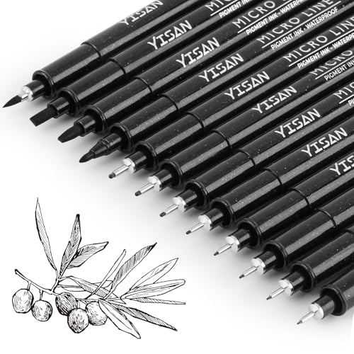 YISAN 12 Fineliner Stifte Set, Schwarz Filzstiften,Tuschestift Pigment Liner Set, Wasserfest, Stifte für Künstler, Illustration, Skizzen, Technisches Zeichnen, 902195