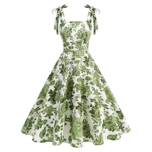 Odizli Rockabilly Kleider Damen Elegant Vintage 50er Jahre Petticoat Kleid Sommer Spaghettiträger Blumen A Linie Swing Knielang Sommerkleid Hochzeitsgast Festlich Cocktailkleid Abendkleid Grün L