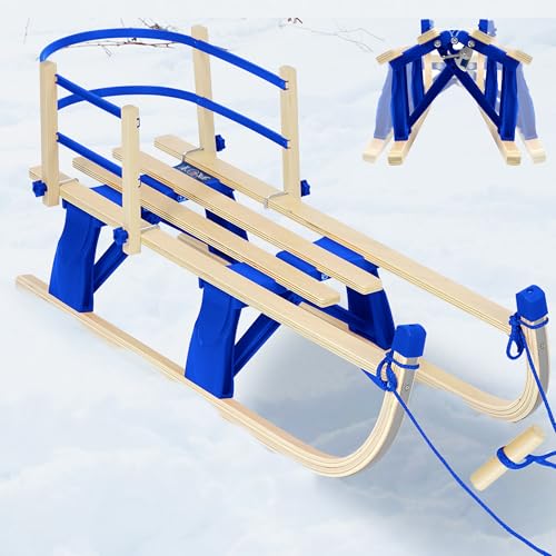 Laneetal Davoser Schlitten faltbar, Holzschlitten 110 cm, Kinderschlitten mit Rückenlehne, Rodel mit Zugseil, aus Buchenholz, für Kinder/Erwachsene, Blau