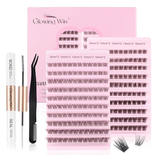 Glowing Win Einzelne Wimpern Extensions Set DIY Individual Cluster Lashes Kit mit Lash Bond and Seal and Applikator Fake Lash Extension Wimpernverlängerung 8-16mm Natürliche Künstliche Wimpern