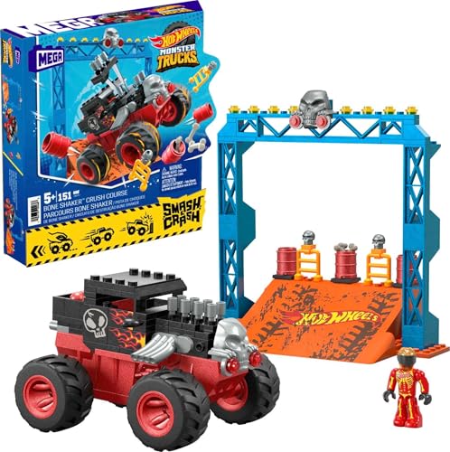 MEGA Hot Wheels - Smash-und-Crash Bone Shaker Crush Set mit 151-teiliges Bauset, Monster Truck, Rampe, Hindernisse, für Kinder ab 5 Jahren, HKF87