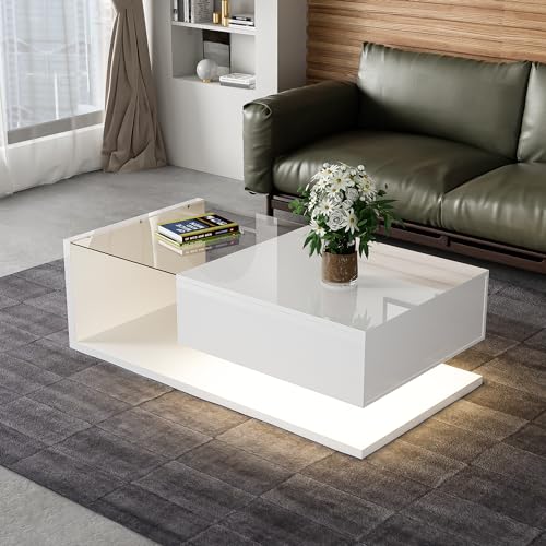 Merax Wohnzimmertisch, LED Couchtisch mit Schubladen, Hochglanz Kaffeetisch mit Stauraum, Modern Coffee Table, 105L x 55B x 32,5H cm, Weiß