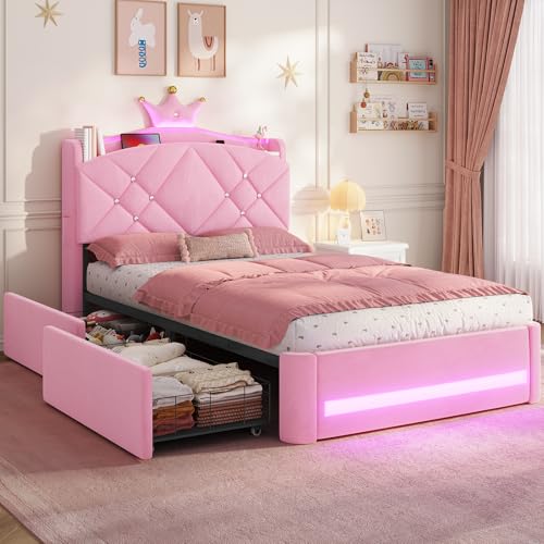 AOGLLATI Kinderbett 90x200, Polsterbett mit Krone-Design, Ladestation & LED-Beleuchtung, Bett 90×200 mit Gepolstertes Kopfteil,2 Schubladen,Lattenrost, für 90 x 200 Matratze, Rosa Samt (ohne Matratze)