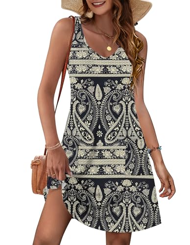 MOLERANI Damen Sommerkleid Ärmellos V-Ausschnitt Strandkleid Knielang Freizeitkleider Casual Midikleid mit Taschen Boho Floral Schwarz XL