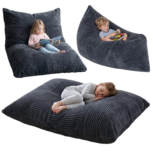 BRINJOY Sitzsack Kinder, 3-in-1 Memory Foam gefüllte Bodenbett Bean Bag Sofa mit Abnehmbarer waschbarer Abdeckung für Spielzimmer, Faule Bodenmattratze für Jungen Mädchen Alter 3+ (Schwarz)