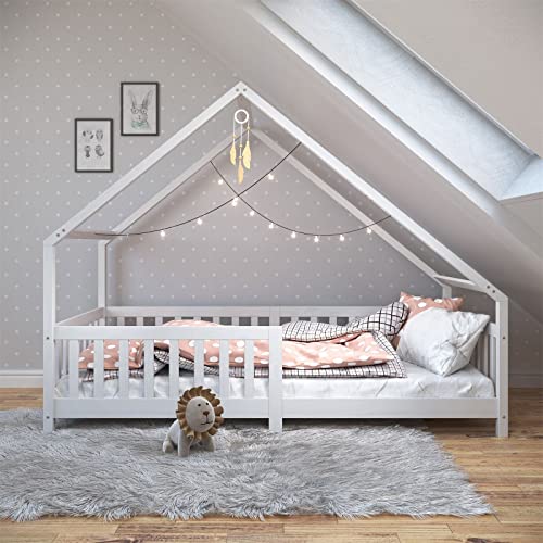 IDIMEX Hausbett CORA 90x200 cm, Weiß - Kinderbett mit Rausfallschutz aus Massivholz, Montessori Bodenbett, Holzbett für Jungen und Mädchen