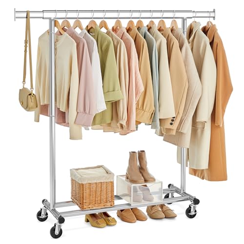 SONGMICS Kleiderständer auf Rollen, Schwerlast-Garderobenständer, ausziehbare Kleiderstange, bis 100 kg belastbar, einfache Montage, transportabel, silbern HSR13S