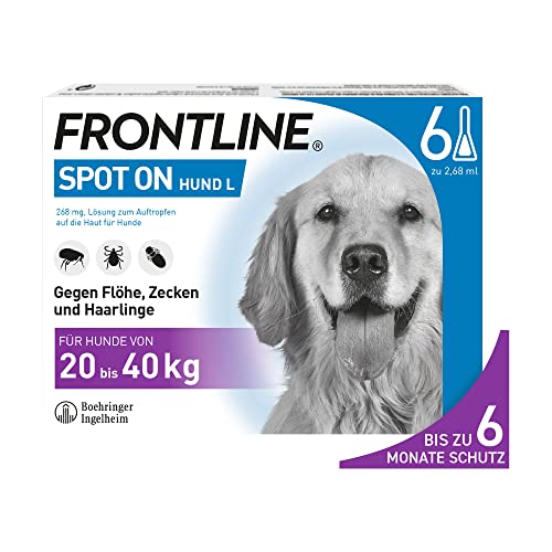 FRONTLINE Spot ON Hund L gegen Zecken, Flöhe & Haarlinge (große Hunde 20 bis 40 kg) - 6X Pipetten für bis zu 6 Monate Schutz - wasserfest