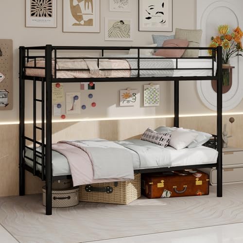 FAVSH Etagenbett 90x190 cm, Hochbett Metalltreppe, Bunk Bed mit SchutzgeläNder und Zugangsleitern, Hochbetten Erwachsene mit Lattenrost und Rausfallschutz für Jugendliche und Erwachsene (Schwarz)