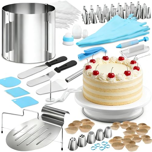 4smile Torten-Zubehör-Set 144 Teile - Tortenring verstellbar hoch 30 cm + Tortenschneider + Tortenheber + Streichwerkzeug + Tortenplatte drehbar + XXL Torten-Deko Set