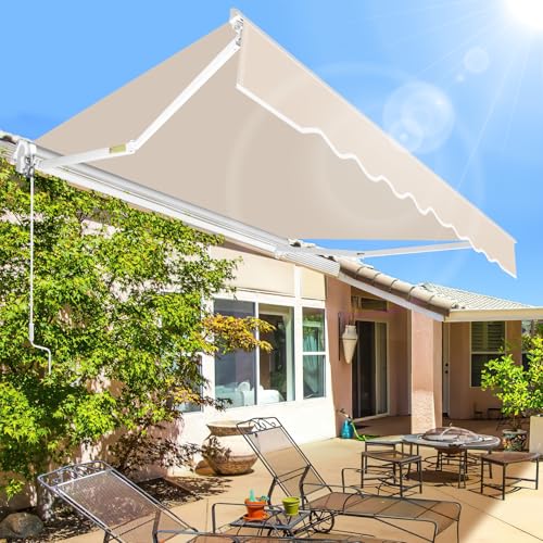 Peviasot Gelenkarmmarkise, 350x300cm Manuelle Markise mit Handkurbel, Sonnenmarkise Winkel Einstellung bis 30 Grad, Sonnenschutz Wasserschutz inkl. Wandhalterung, Beige