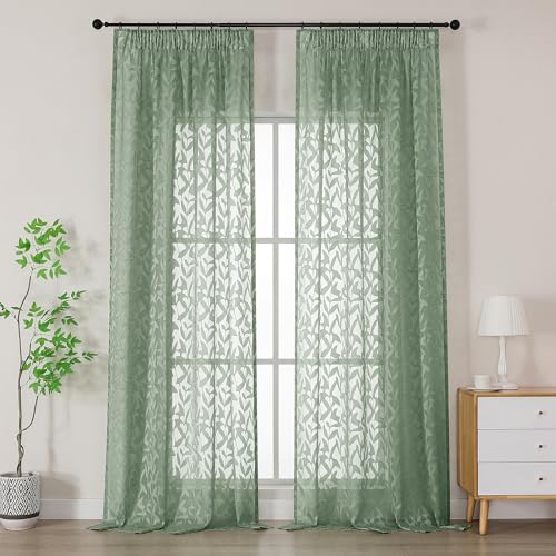 Simplebrand Leah Salbei Grün Lichtdurchlässig Clip Jacquard Voile Ausbrenner Gardine mit Blätter Muster transparenter Vorhang mit Kräuselband Wohnzimmer Gardinenschals B140xH229cm Salbei Grün 2 St