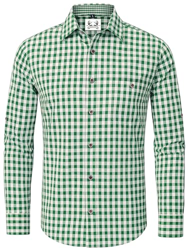 AMZHOTER Trachtenhemd Herren Oktoberfest Hemd Kariertes Hemd Outfit Langarm Trachten Hemden Tracht Grün Trachtenhemden Kurzarm Karohemd Freizeithemd Baumwolle L