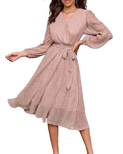 GRACE KARIN Damen Abendkleid Elegant Cocktailkleid Tunika Freizeit Kleid V-Ausschnitt Langer Ärmel Rosa XL